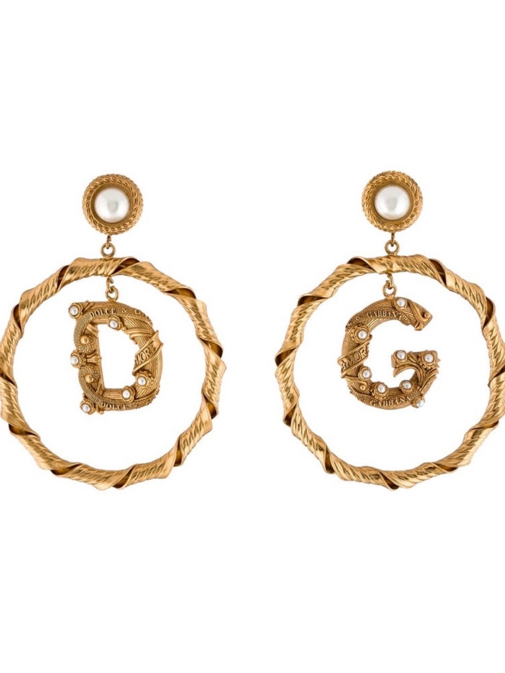 Dolce Gabbana Gold Tone DG Logo Twisted Hoop Faux Pearl Clip Earrings
